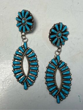 Navajo Tyler Brown TB Sterling Turquoise Cluster Dangle Earrings